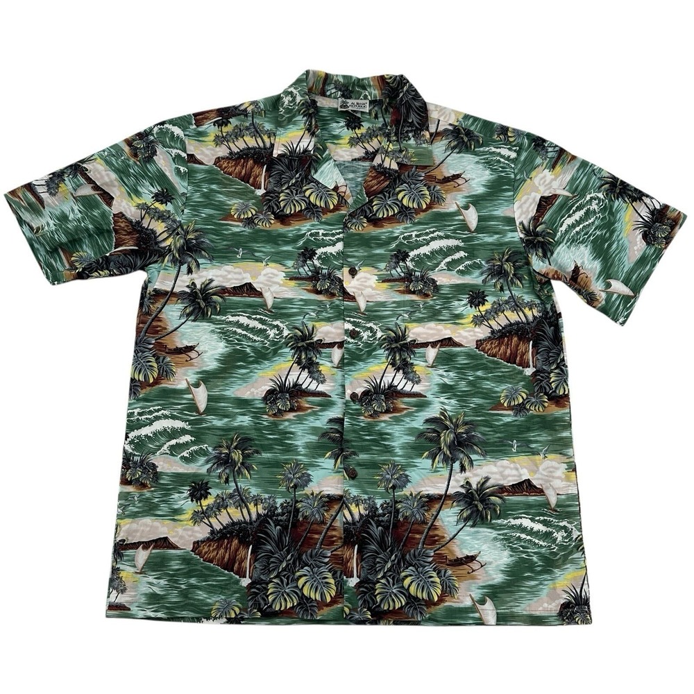 Aloha Republic Men XL Hawaiian Shirt Green Tropical Island Palm Tree Made in USA